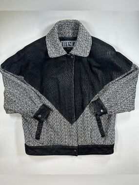 Vintage Trendz L Wool Genuine Leather Black Gray Herringbone Jacket